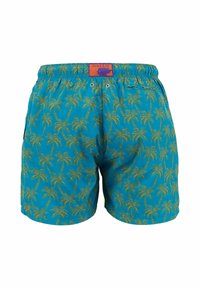 Pantaloni da bagno turchesi con motivo di palme in oro. Girovita elastico con cordino, due tasche laterali e un'etichetta di branding discreta.