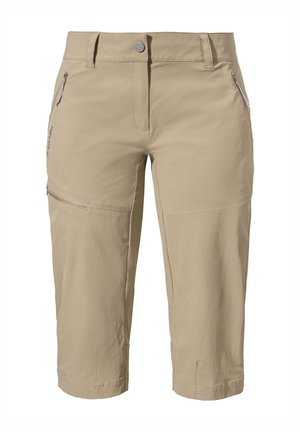Beige knie-lange Shorts, leichtes Material, zwei seitliche Reißverschluss-Taschen, dezente Nähte, taillierte Passform, minimale Markenkennzeichnung.