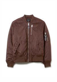 Giacca bomber marrone in tessuto liscio, con zip frontale, tasche laterali, polsini a costine e dettagli con logo sul petto e sulla manica.