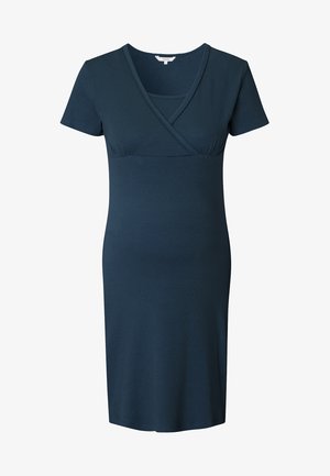 Schwangerschaftskleid in Dunkelblau, mit Wickeldesign, kurzen Ärmeln und figurbetonter Silhouette mit gerippter Textur.