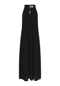 Sort maxi-kjole med halterneck, nøglehul-detail og blondelivet. Lavet af letvægtsstof med en svævende silhuet.