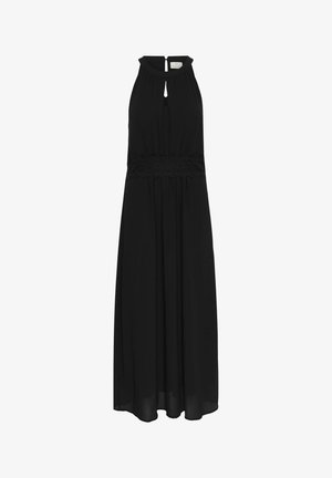 Černé maxi šaty s halter krkem, detaily ve tvaru klíčové dírky a krajkovým pasem. Vyrobené z lehkého materiálu, s volným a splývavým siluetou.
