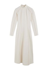 Vestido de manga larga en marfil, confeccionado en un tejido texturizado. Presenta un escote alto y costuras verticales, creando una silueta fluida.