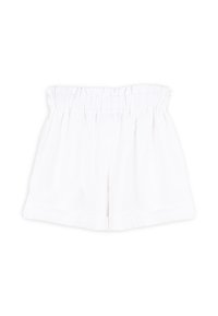 Pantaloni corti bianchi con elastico in vita, caratterizzati da una texture liscia e una vestibilità comoda, realizzati con un design semplice e senza decorazioni.