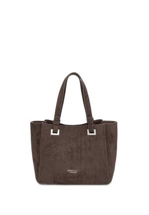 Sac cabas en daim marron foncé avec double poignée, ferrures rectangulaires argentées et logo "DIANA&CO FIRENZE" centré à l'avant.