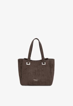 Borsa tote in camoscio marrone scuro con doppi manici, ferrature rettangolari argentate e logo "DIANA&CO FIRENZE" al centro davanti.