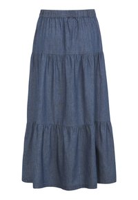 Jeanskjol med elastisk midja, med ett lagerdesign, i medelblå färg och en något fransad söm.