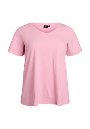 Hellrosa Damen-T-Shirt mit kurzen Ärmeln, V-Ausschnitt und lockerer Passform, mit einem schwarzen Markenetikett am inneren Halsausschnitt.