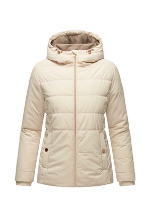 Cremfarbener gepolsterter Mantel mit Reißverschluss, Kapuze und zwei seitlichen Taschen. Verfügt über eine glatte Außentextur und eine kontrastierende Innenauskleidung.