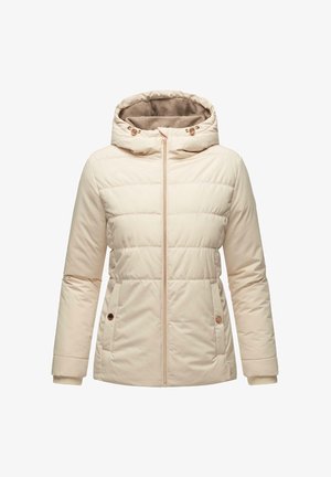 Cremfarbener gepolsterter Mantel mit Reißverschluss, Kapuze und zwei seitlichen Taschen. Verfügt über eine glatte Außentextur und eine kontrastierende Innenauskleidung.