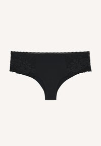 Sous-vêtements noirs avec une ceinture en dentelle florale, un corps lisse et un délicat bord festonné. Tissu doux avec un ajustement extensible et un design classique.