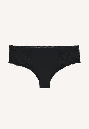 Sous-vêtements noirs avec une ceinture en dentelle florale, un corps lisse et un délicat bord festonné. Tissu doux avec un ajustement extensible et un design classique.