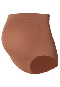 Zwangere hoge compressiekorte broek in een zachte bruin stof; gladde textuur, aansluitend ontwerp en een verlengd buiksteungebied.
