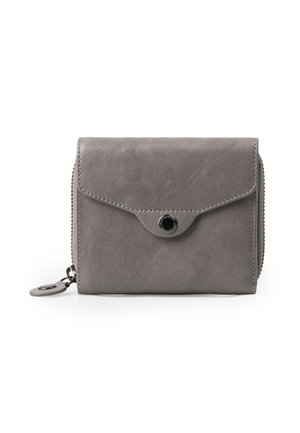 Portafogli in pelle grigia con pattina ripiegabile, chiusura a scatto e dettagli con zip. Presenta una superficie liscia e bordi arrotondati.