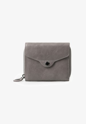 Gray leather wallet with a fold-over flap, snap closure, and zipper detail. Features a smooth texture and rounded edges.