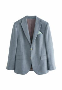 Helles graues Blazer mit feinem Karomuster, zwei vorderen Taschen, goldenen Knöpfen und einem grün gestreiften Einstecktuch. Gefüttertes Innenfutter.