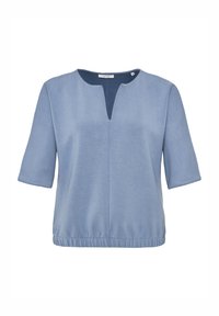 Top a maniche corte di colore azzurro chiaro con scollatura a V e orlo inferiore arricciato. Realizzato in un tessuto morbido con una texture sottile.