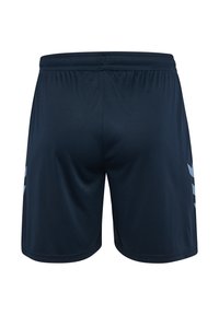 Marineblaues Sportshorts mit elastischem Bund, versehen mit dezenten hellblauen Seitenakzenten und einer glatten Textur.