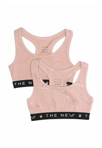 Två rosa bralette-toppar med svart midja, en enfärgad och en med blommönster. Båda har scoop-ärmar och racerback-design.