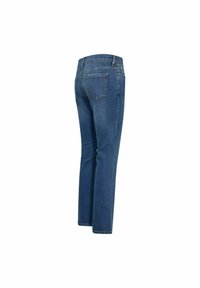 Modre jeans s ravnimi hlačnicami, srednjim pasom, zadnjimi žepi in subtilnimi šivi. Teksturovana tkanina s klasično denim zaključkom.