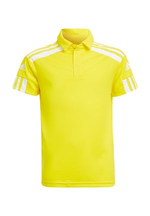 Polo giallo con colletto, patta con tre bottoni, strisce bianche sulle spalle e logo Adidas sulla manica sinistra. Tessuto liscio e leggero.