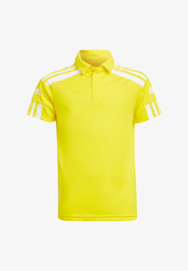 Polo shirt jaune avec un col, patte de boutonnage à trois boutons, rayures blanches sur les épaules et logo Adidas sur la manche gauche. Tissu lisse et léger.