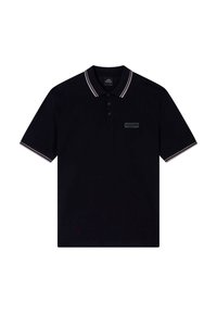 Zwarte polo gemaakt van katoen, met een knoopsluiting met twee knopen, een lichtgrijze gestreepte kraag en mouwaccenten, en een kleine logopatch op de voorkant.
