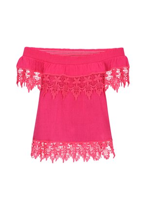 Erkavaba top heledas roosas kangas, millel on volangidega pitsist detailid kaeluses ja ääres, ning tekstuurne täpiline muster.