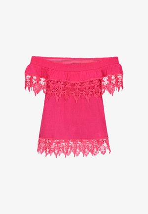 Nuo pečių krentanti ryškiai rožinė bluzonė, su neryškiais nėriniais apykaklėje ir apvadu, puošta tekstūriniais taškeliais.