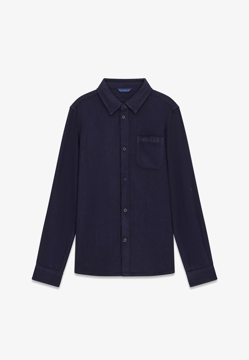 Chemise à manches longues bleu marine avec boutons et une poche poitrine ornée d'un logo "Guess" brodé discret.