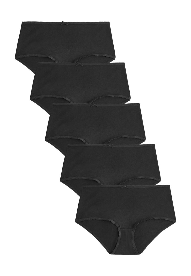 Juodos medvilninės kelnaitės su aukštu liemeniu, lygiu audiniu ir dekoratyvine kaspinėlio detalė ant juosmens, sudėtos į krūvą.