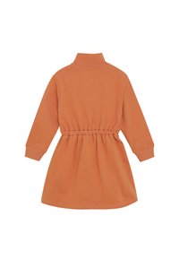 Langärmliges orange Kleid mit hohem Kragen und elastischem Taillenbund, von hinten präsentiert.