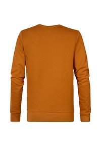 Oranje sweatshirt met een gestructureerd ruitpatroon, voorzien van lange mouwen en een ronde hals. Glad materiaal, geen zichtbare logo's of accenten.