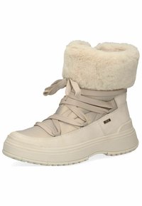 Stivali beige alla caviglia con bordo in pelliccia sintetica, tomaia in sintetico strutturato e suola piana in gomma. Presentano lacci incrociati e un accento con il marchio sul lato.