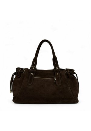Sac à main en daim marron foncé avec deux bretelles, détails décoratifs à boucle et une poche zippée à l'avant.