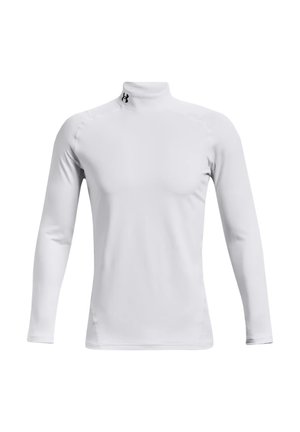 Weißes langärmliges Kompressionsshirt mit hohem Kragen und kleinem schwarzem Under Armour-Logo am Kragen, auf schlichtem Hintergrund dargestellt.