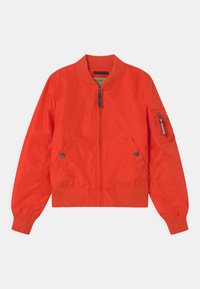 Red bomber jacket made of smooth, shiny nylon. Features ribbed cuffs and hem, zippered front, and an arm pocket with contrasting details.