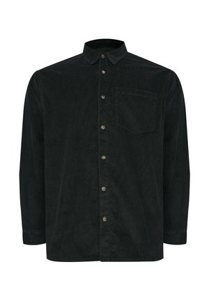 Zwart corduroy overhemd met lange mouwen, knopen aan de voorkant, puntige kraag en een enkele borstzak.