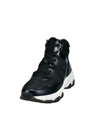 Schwarzer Mid-Top-Sneaker mit gepolstertem Kragen, Schnürung vorne, Obermaterial aus Leder und Textil, weißer Zwischensohle und strukturiertem schwarzen Gummisohle.