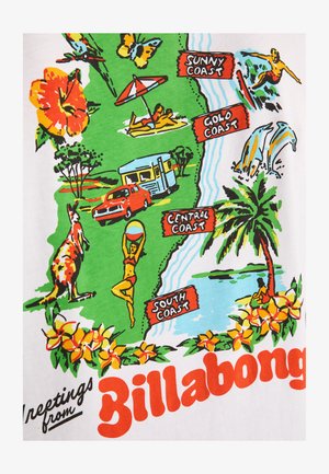 Grafisch T-shirt met een kleurrijke kaart van kustgebieden. Belangrijke beelden zijn onder andere een camper, palmbomen, bloemen en stripfiguren die bezig zijn met activiteiten.