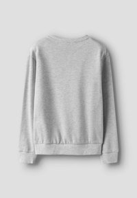 Gray sweatshirt with a crew neckline, long sleeves, and ribbed cuffs. Soft material with a smooth texture; plain design without patterns.
