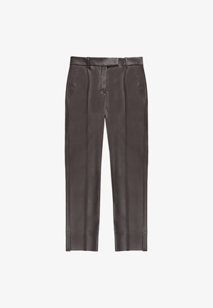 Brown leather trousers featuring a straight-leg design, side pockets, and smooth texture with subtle sheen. Clean finish and tailored silhouette.