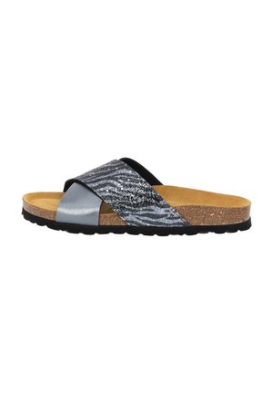 Open-toe slide sandals with a cork footbed, featuring a black, silver, and glittery zebra print strap, and a textured rubber sole.