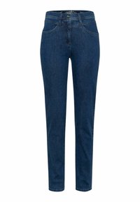 Jeans in denim blu scuro con un design aderente, gambe dritte, cinque tasche e una chiusura base con bottone e zip in vita.