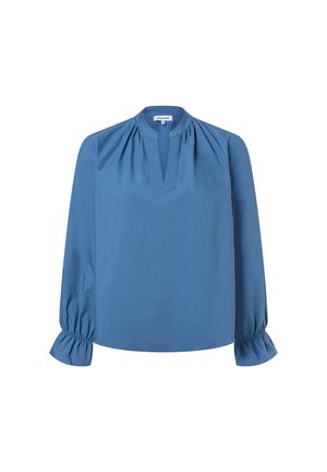 Blue blouse with a V-neck and puff sleeves, made of smooth fabric. Features gathered detail at the shoulders and elasticized cuffs.