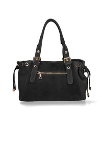 Zwarte suède handtas met dubbele handvatten aan de bovenkant, goudkleurige hardware, een voorzak met rits en verstelbare trekkoordzijkanten voor een vergrootte vorm.