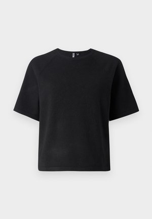 T-shirt noir à manches courtes en tissu doux, avec un col ras du cou classique et une coupe décontractée avec des manches raglan.