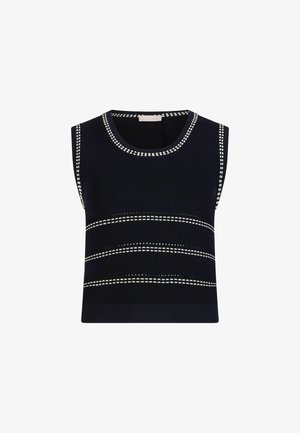 Melna bezrokas adīta tielkopa ar apaļu kakla izgriezumu un dekoratīvām horizontālām baltām šuvēm krūtīs un malās.