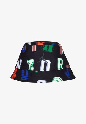 Pălărie neagră tip bucket, cu litere bloc vibrante și multicolore și logo-ul Jordan. Fabricată dintr-un material cu suprafață texturată.