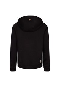 Zwarte hoodie van zachte stof. Kenmerkt ribgebreide boorden en zoom, met een klein logo detail aan de onderkant. Achteraanzicht weergegeven.